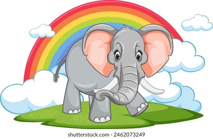 Cartoon elephant with a vibrant rainbow background