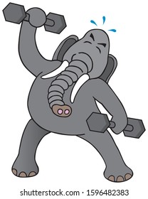A cartoon elephant is vigorously working out with a pair of weights