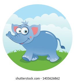 Cartoon Elephant walking in the safari jungle grassland