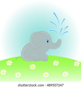 Cartoon elephant watering  flowers in the meadow. Vector illustration.