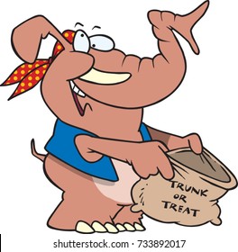 cartoon elephant wearing a bandanna and holding out a bag that says trunk or treat