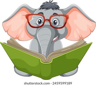 Cartoon elephant wearing glasses, reading a book