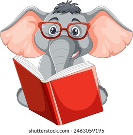 Cartoon elephant wearing glasses, reading a book