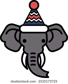 A cartoon elephant is wearing a hat and a red and blue striped tie. The hat is festive and the tie adds a touch of color to the outfit. The elephant's face is drawn in a simple, cartoonish style