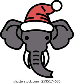 A cartoon elephant is wearing a red hat and a white santa hat. The elephant's face is drawn in a cartoon style, and it is smiling. The hat is positioned on top of the elephant's head
