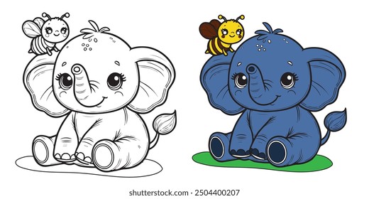 Cartoon elephant which pours himself with water. Color and black white vector illustration for coloring book