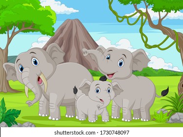 Cartoon elephants family in the jungle