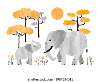 Cartoon elephants family - Mom and baby. Vector African animals watercolor illustration.