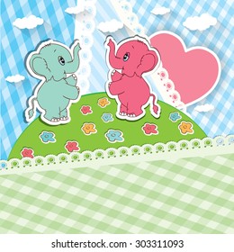 Cartoon elephants with gift. Vector illustraion.
