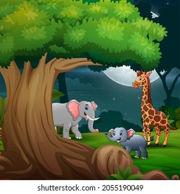 Cartoon elephants and giraffe in the jungle at night