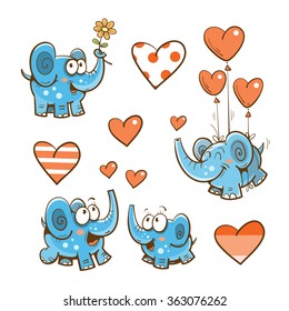 Cartoon elephants set by Valentine's Day. Vector image. Animals  in love.