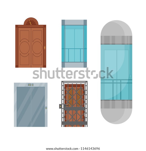 Cartoon Elevators Set Different Types Interior Stock Vector