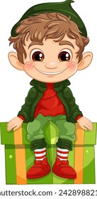Cartoon elf with a big smile sitting on a present.
