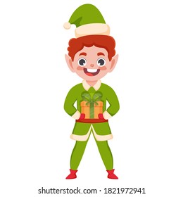 Cartoon Elf Character Holding a Gift Box in Standing Pose.