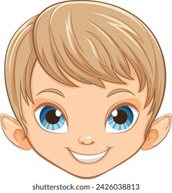 Niño elfo de dibujos animados con grandes ojos azules sonriendo.