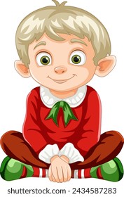 Cartoon elf child smiling in festive attire.