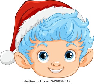 Cartoon elf face with blue hair and Santa hat.