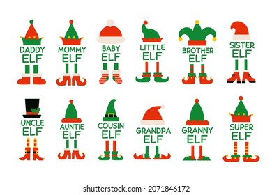 Cartoon elf family isolated Christmas monograms. Elf or gnome hat and shoes. Brother elf, sister, mommy, daddy. Baby elf. Isolated vector illustrations