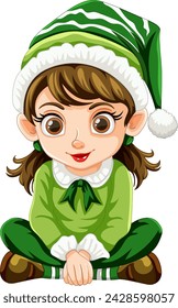 Cartoon elf in festive attire smiling joyfully.