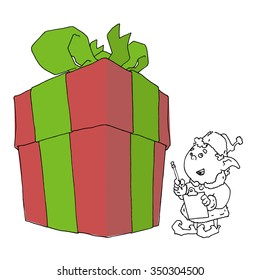 Cartoon elf with gift box. Vector illustration.