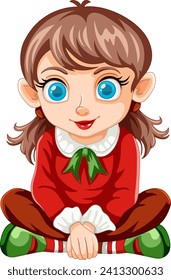 Cartoon elf girl with big blue eyes smiling.