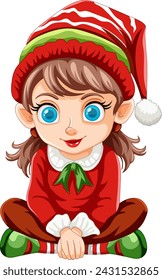 Cartoon elf girl in Christmas attire smiling.