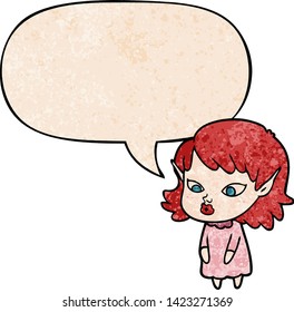 cartoon elf girl with pointy ears with speech bubble in retro texture style