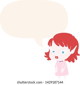 cartoon elf girl with pointy ears with speech bubble in retro style