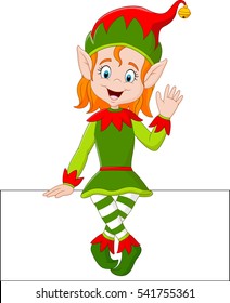 Cartoon Elf Girl Sitting On Blank Sign 