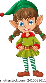 Cartoon elf girl smiling in Christmas-themed outfit.