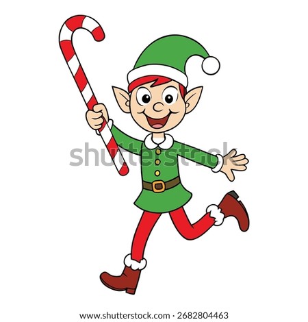 Cartoon elf holding a candy cane and running Christmas