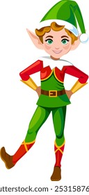 Cartoon elf little boy full-length in a beautiful green suit and cap Vector