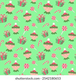 cartoon elf seamless pattern with presents. Gnomes cartoons