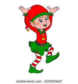 Cartoon elf. Smiling Elf is waving hands. Smiling character gnome in costume isolated on white background. Cute vector illustration with elf as template for card of birthday, celebration or holiday.