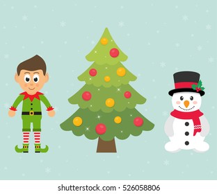 cartoon elf and snowman and christmas fir tree