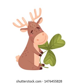 Cartoon elk with clover. Vector illustration on white background.