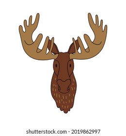 Cartoon elk head isolated. Colored vector illustration of a moose head with an outline on a white background. Cute illustration of a horned animal.