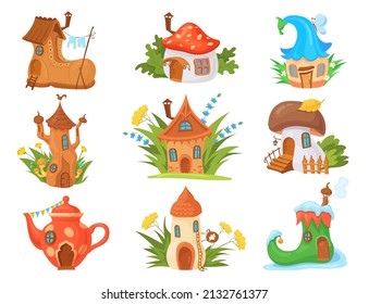 Las casas de los elfos de caricatura. Casa de hadas en cuentos de árboles forestales, puerta de cabaña de cuento de hadas de setas de la tierra, hogar de hadas de enanos de jardín de fantasía natural, ilustración vectorial. Genoma de cabaña y fantasía