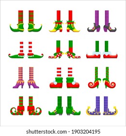 Cartoon elves legs vector icons set, christmas or saint patrick day character elements. Cute funny feet in striped stoking and nosy shoes. Santa helper or leprechaun legs isolated on white background