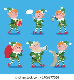 Cartoon elves set. Santa Claus helpers cute characters. Christmas design elements. Vector illustrations isolated on blue background.