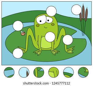 Cartoon embarrassed frog   fly  Complete the puzzle   find the missing parts the picture  Educational game for kids