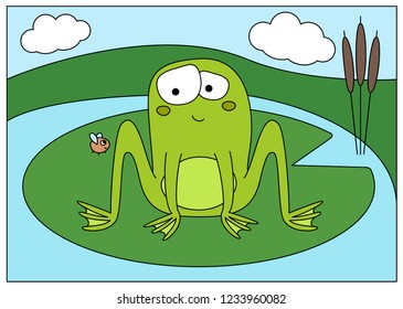 Cartoon embarrassed frog and fly. Digital illustration