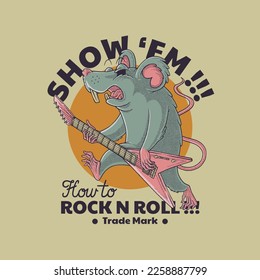 cartoon emblem of blue rat guitarist with retro style