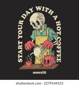 cartoon emblem of brewer skeleton with retro style