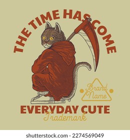 cartoon emblem of cat holding a scythe with retro style
