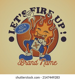 Cartoon emblem of cheerful fire with retro style