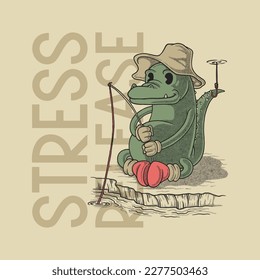 cartoon emblem of crocodile mascot fishing with retro style