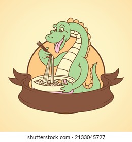 Cartoon emblem of dinosaur eating noodle