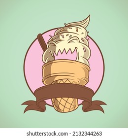 Cartoon Emblem Of Fierce Face Soft Ice Cream Monster