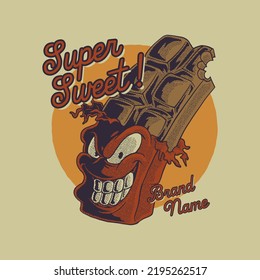 Cartoon emblem of fierce faced chocolate bar mascot with retro style